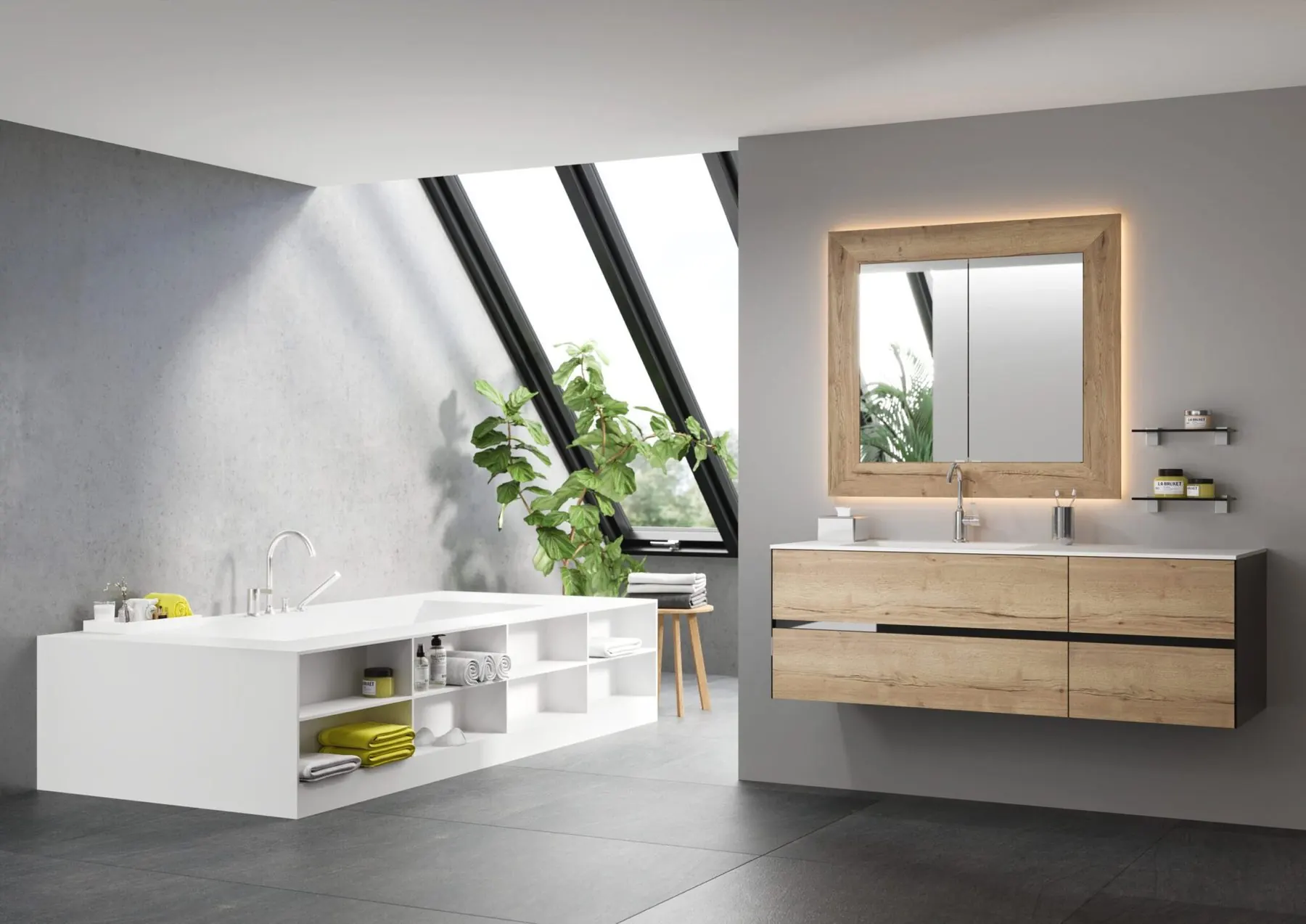 Badezimmer unter der Dachschräge mit Doppelwaschtisch und Holzrahmenspiegel