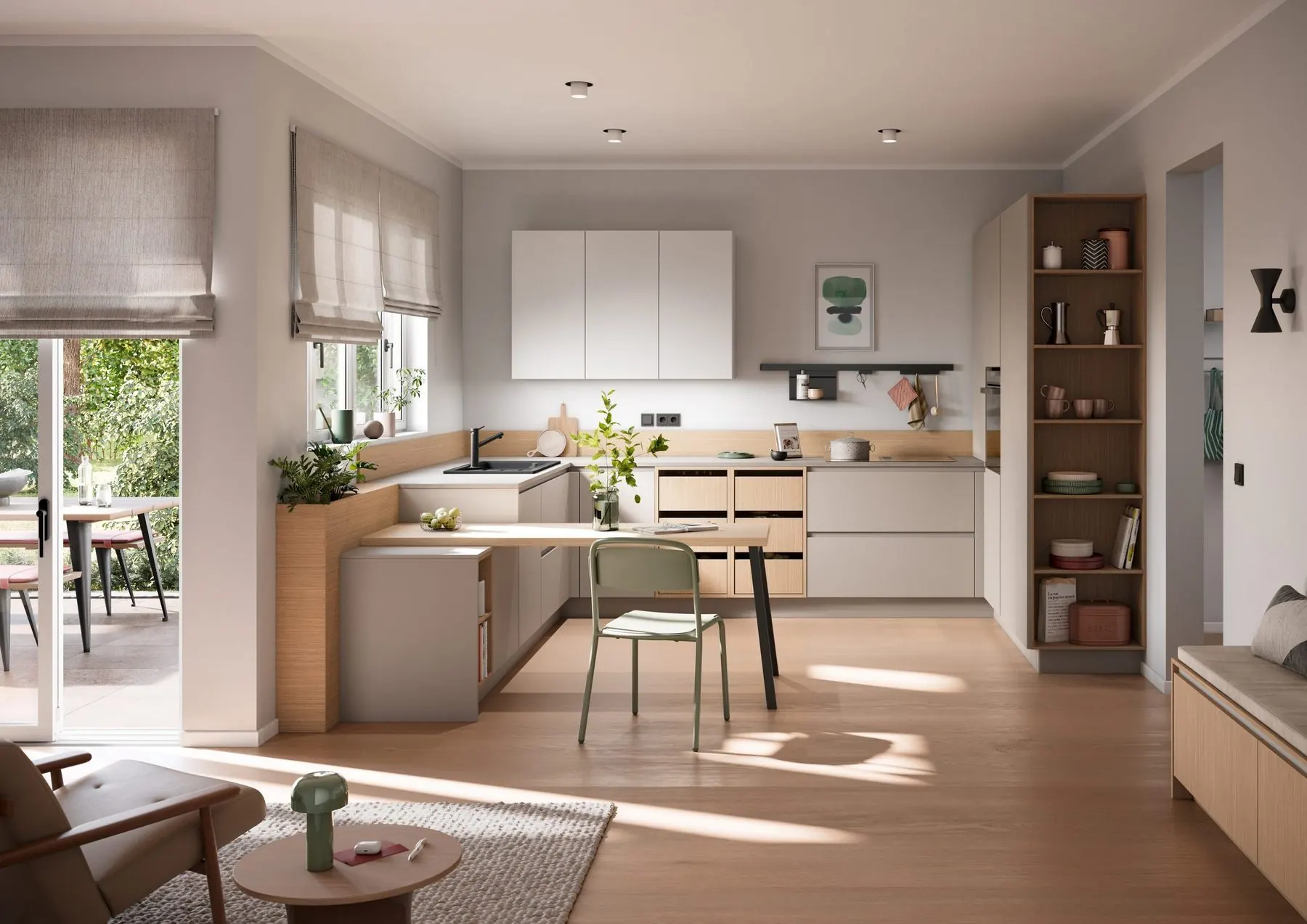 Küche Aura in Steinbeige und Weiß mit Fronten in Feineiche-natur