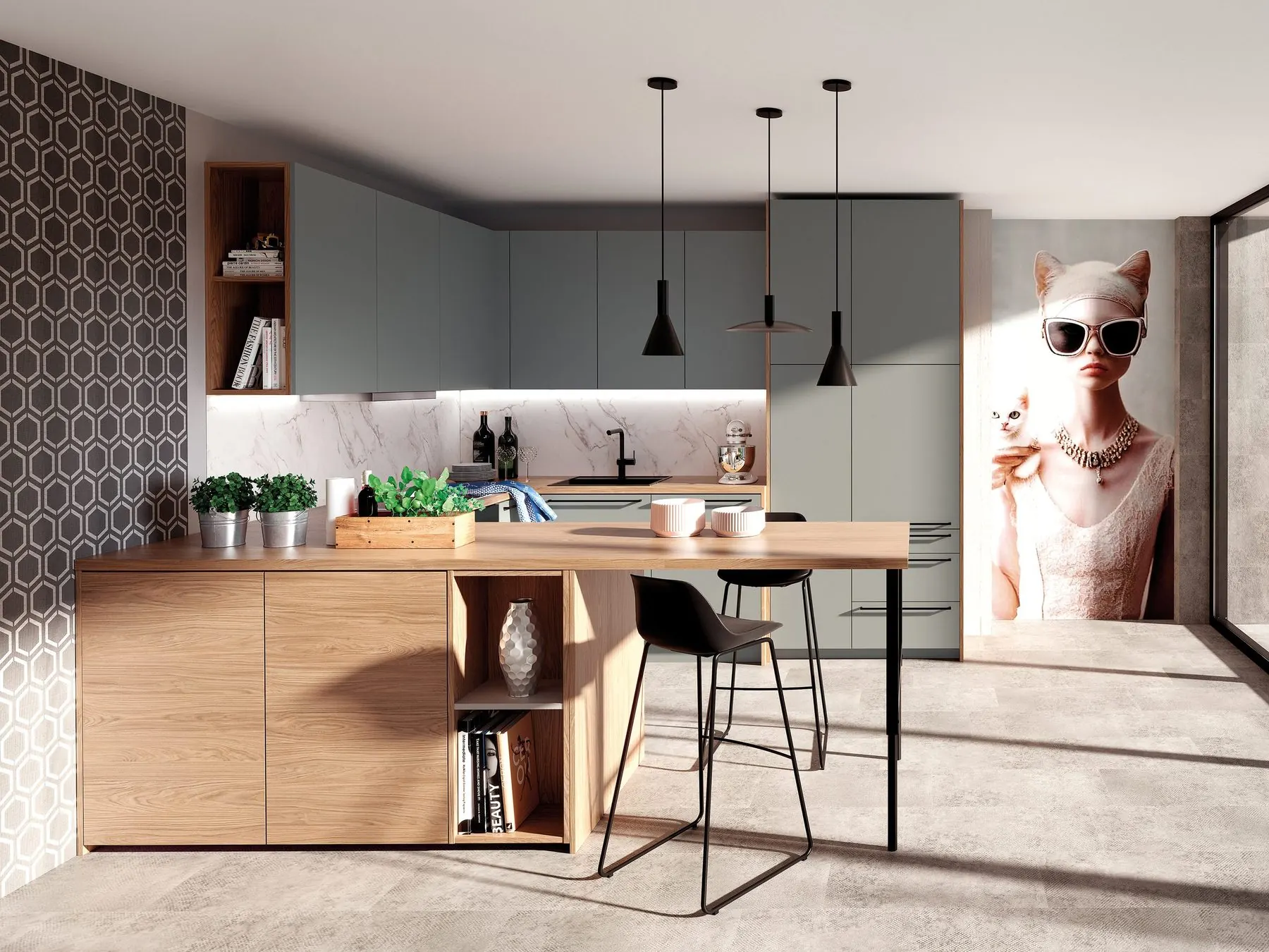 Küche Amica in Eiche Nordic mit Frühstückstheke und Barhockern