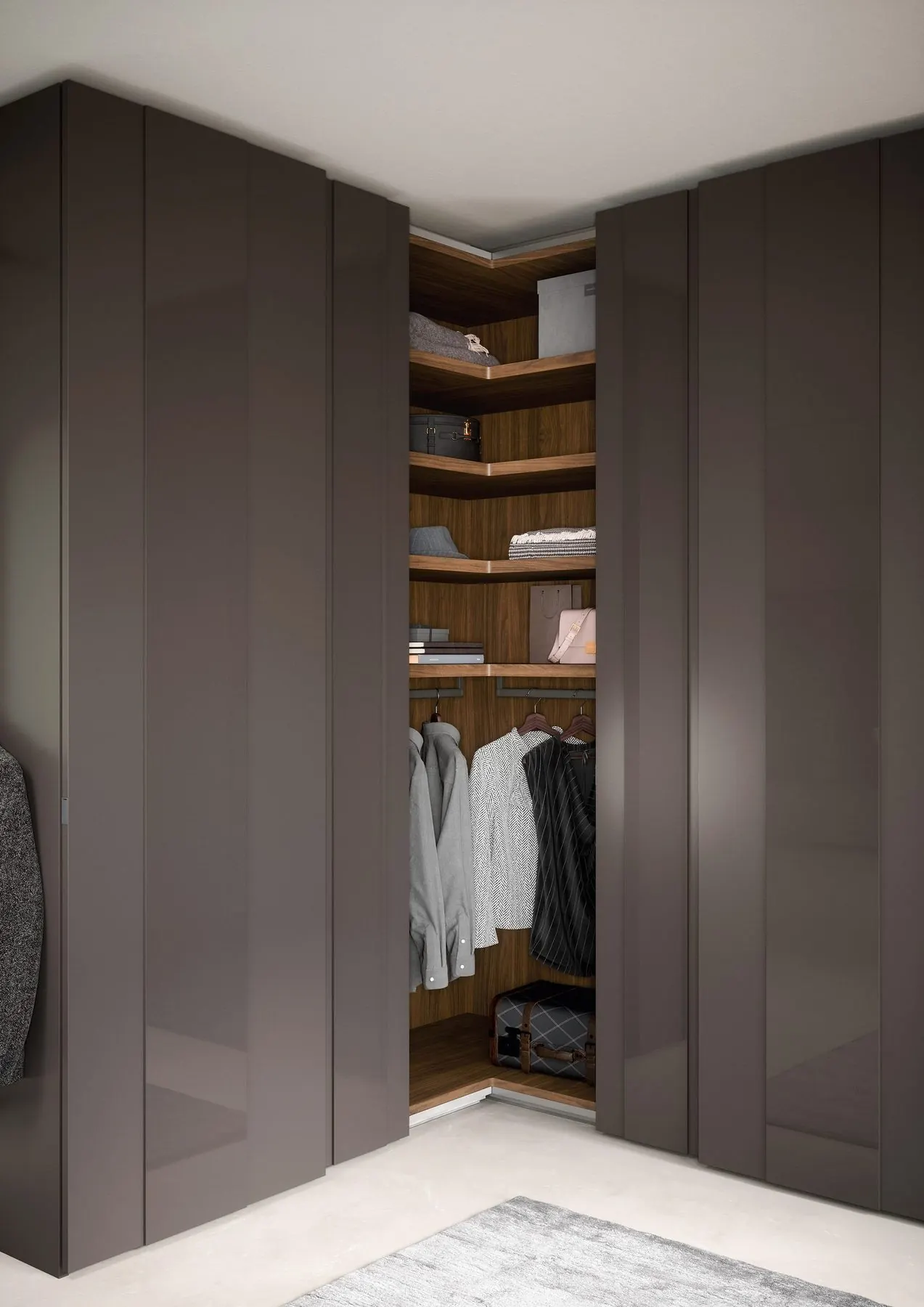 Eckschrank in Grau mit offenem Innenraum und Kleiderstange