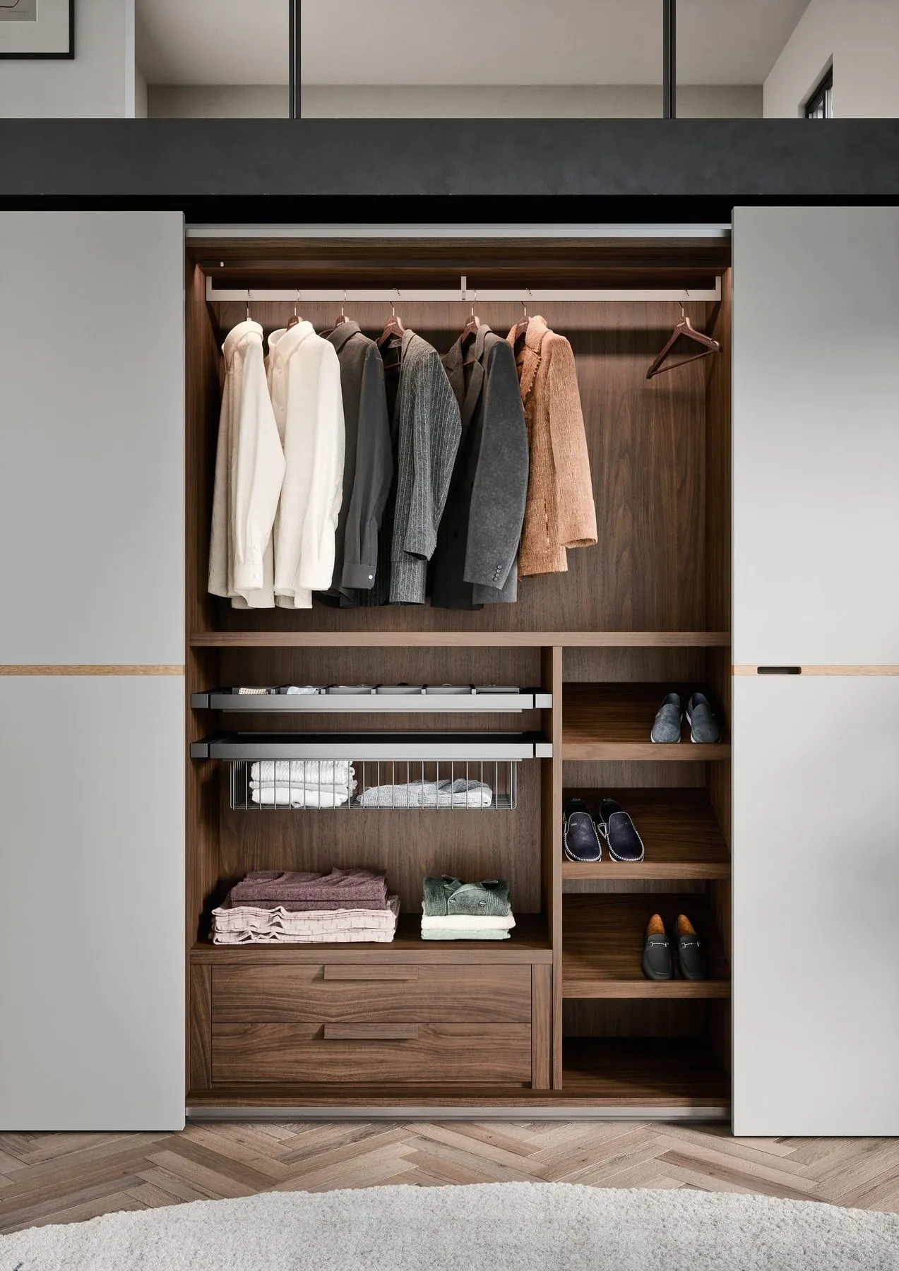 Kleiderschrank mit Kleiderstange, Wäschefächern und Schubladen