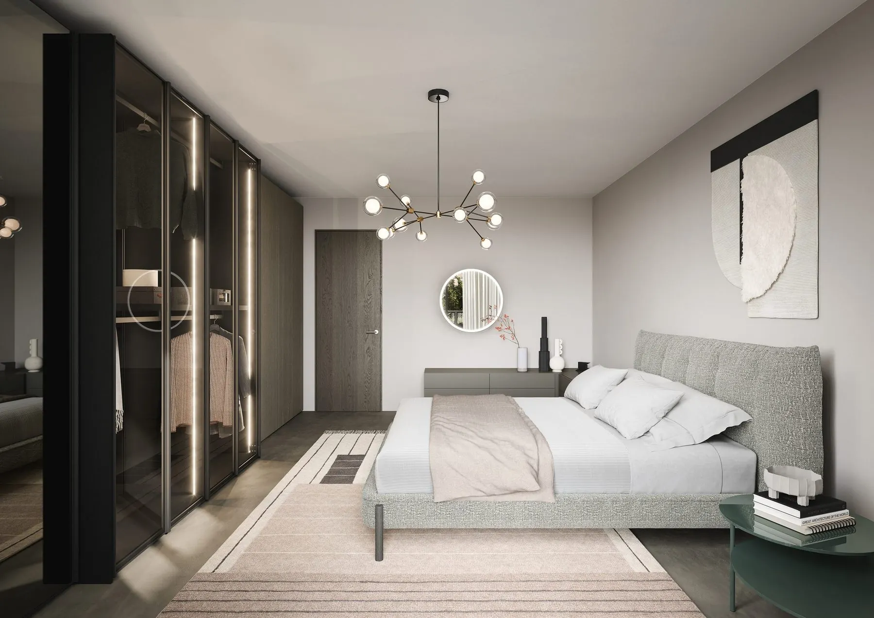 Schlafzimmer mit Bett und Kleiderschränken hinter dunklen Glastüren