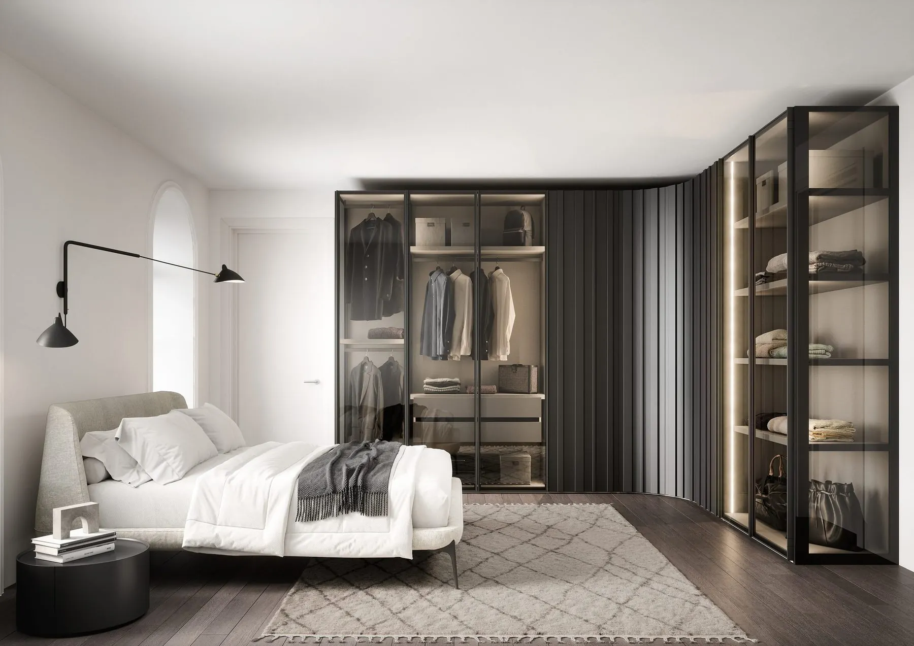 Schlafzimmer mit Bett und beleuchtetem Eckschrank aus Glas