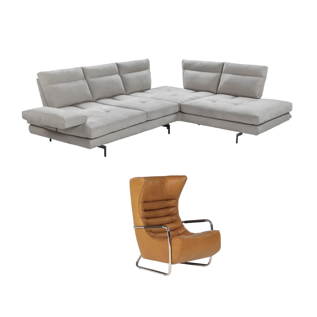 Graues Ecksofa Toby Wing und Sessel mit gebogener Rückenlehne