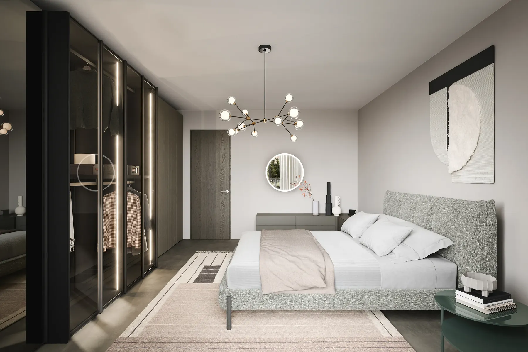 Helles Schlafzimmer mit Polsterbett, Glasschrankfront und filigranem Leuchter