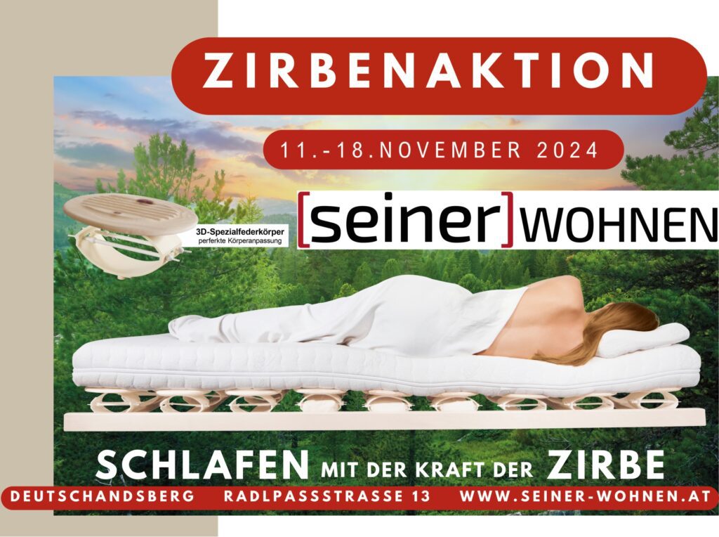 Zirbenaktion von seiner wohnen mit einer speziellen Matratze und einem Modell, das entspannt auf der Matratze liegt