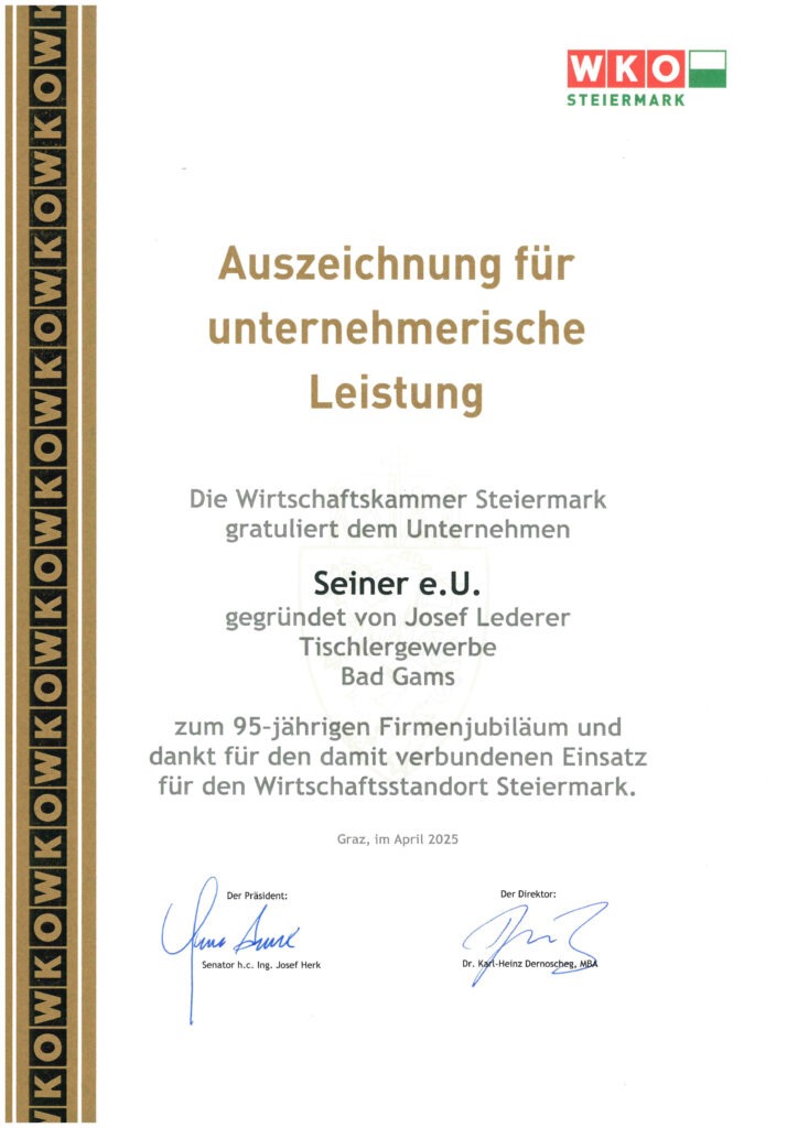 Zertifikat der Wirtschaftskammer Steiermark zur Auszeichnung für unternehmerische Leistung
